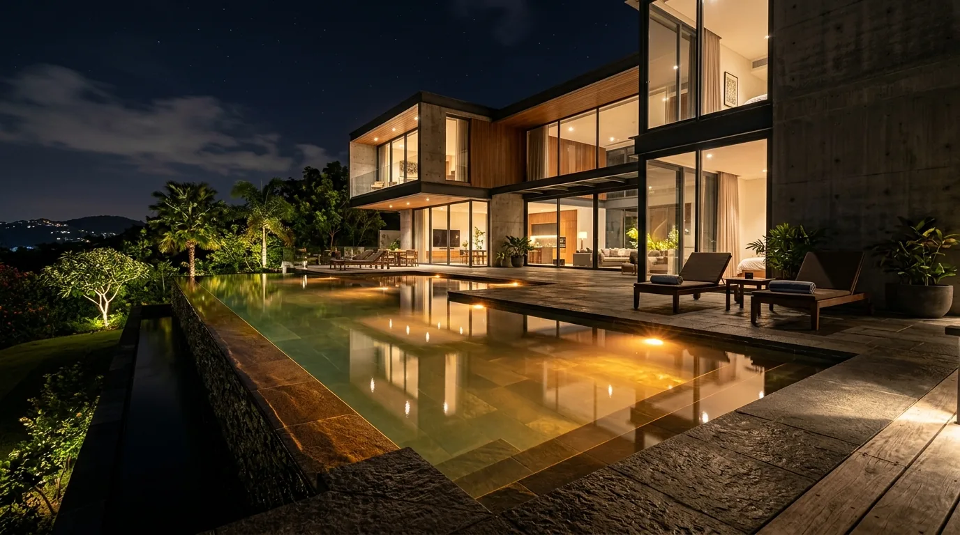 Gece aydınlatmalı modern villa havuzu