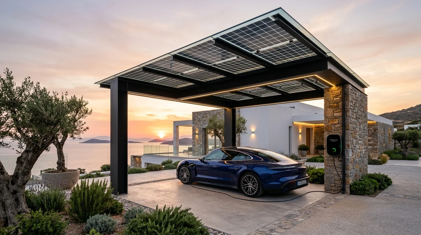 Mimari Solar EV Carport Kanopisi ve Elektrikli Araç Şarjı